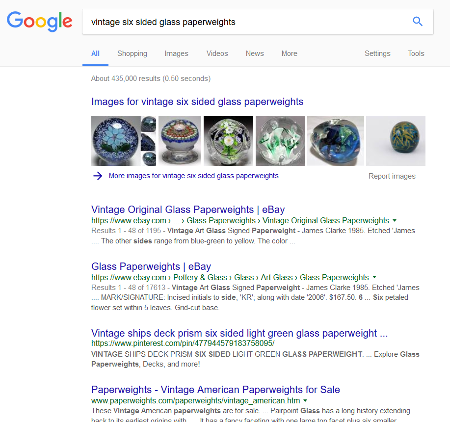 A Google Search for Vintage Six-Sided Glass Paperweights