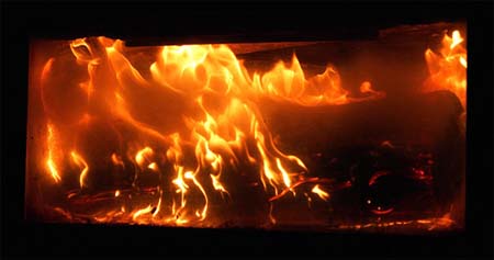 lit fireplace
