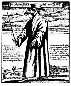 A 17th century doctor wearing a mask in which to carry posies of flowers and herbs
