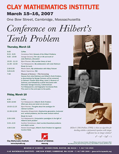 image showcasing a conference agenda for a meeting on Hilbert’s tenth problem showing, from top to bottom, Julia Robinson, Yuri Matijasevich, and David Hilbert