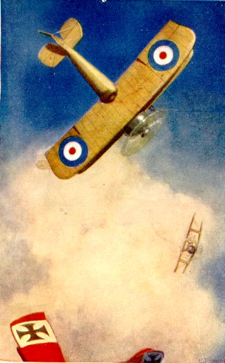 Postcard from Lt. J. H. Lienhard to his mother, 1918. The airplane with the English markings is an imperfect artist's conception of what is most likely a Nieuport 17.