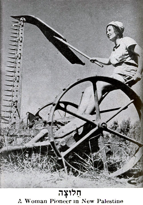 Jewish woman on a field mower