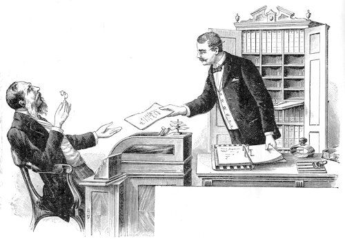 Drawing of a man handing a piece of paper to his boss