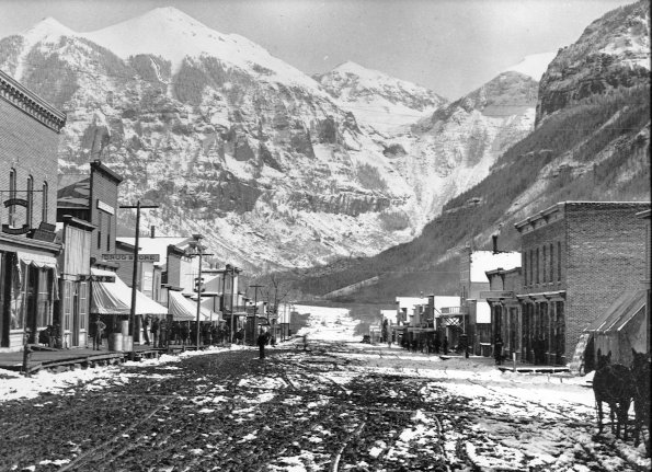 view looking east down the the main street of early Telluride