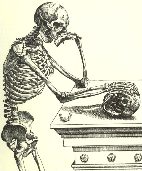Andreas Vesalius' Yorick-like image of the human skull (or mind), contemplating the human mind, 1542
