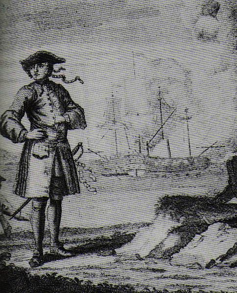 An engraving depicting the pirate Edward England with, in the background, the fight of the Fancy (left) and the Cassandra