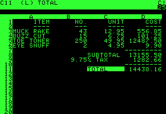 VisiCalc old computer screen shot