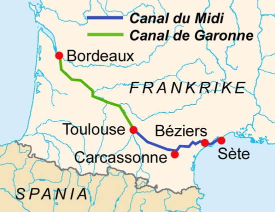 A map of the Canal du Midi and the Canal du Garonne