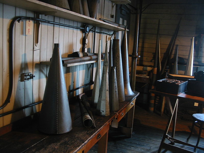 A collection of acoustic horns at Thomas Edison National Historical Park, in a research lab next to the music room.