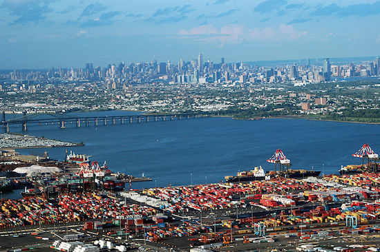 The island of Manhattan, Jersey City, Newark Bay, and areas of the New York / New Jersey Port seen from aboard a plane in July, 2005