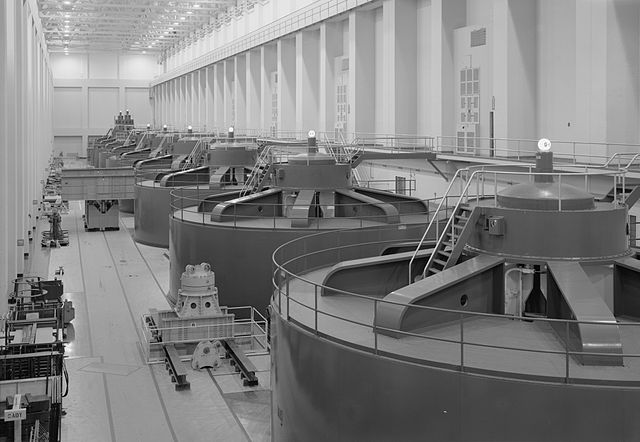 Grand Coulee Dam, Interior of Left Powerhouse showing generator room, looking east