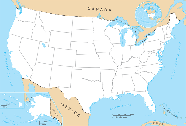 A blank outline map of the United States