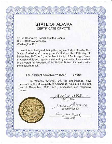 voting certificate signed by Alaska's three electors