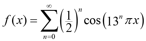 The infinitely kinky (continuous but non-differentiable) Weierstrass function. Observe that even though the function itself isn't smooth, the individual components of the summation are.