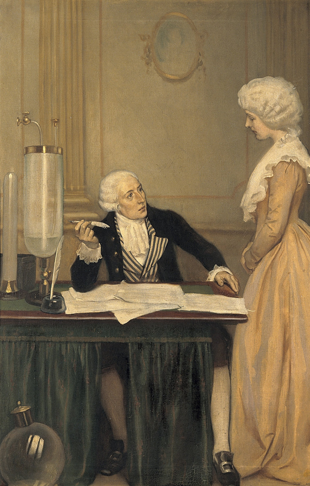 French chemist Antoine Lavoisier explaining the result of an experiment to his wife, Marie-Anne Paulze Lavoisier. Lavoisier was guillotined during the Reign of Terror. 