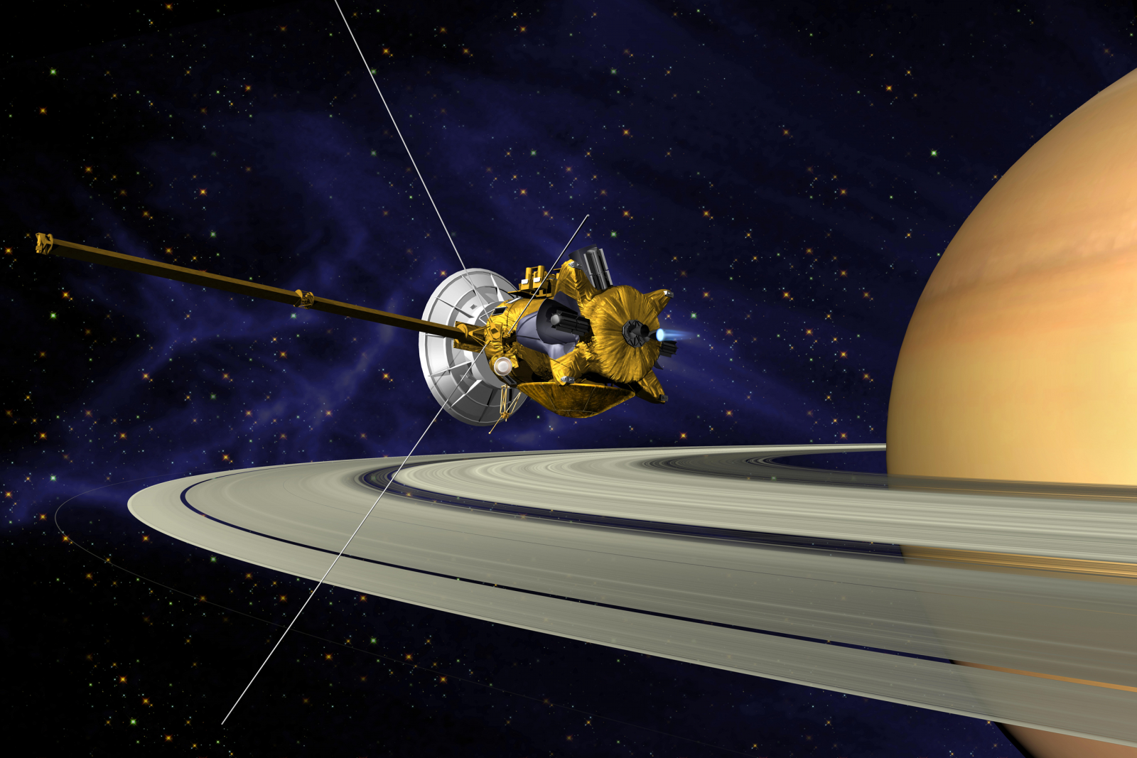 One of our flagship scientific projects, the Cassini-Huygens spacecraft is seen here arriving in orbit of Saturn in late 2002, about 5 years and several gravity assist flybys of Venus, Earth and Jupiter after launch.  Along with collecting amazing data and spectacular imagery of Saturn, its rings and moons, the spacecraft deployed the Huygens probe to land on the surface of Titan, one of the major moons.  (This of course is an artist's rendition; sadly we did not have an interplanetary 'chase plane'.)