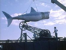 The mechanical shark, attached to the tower