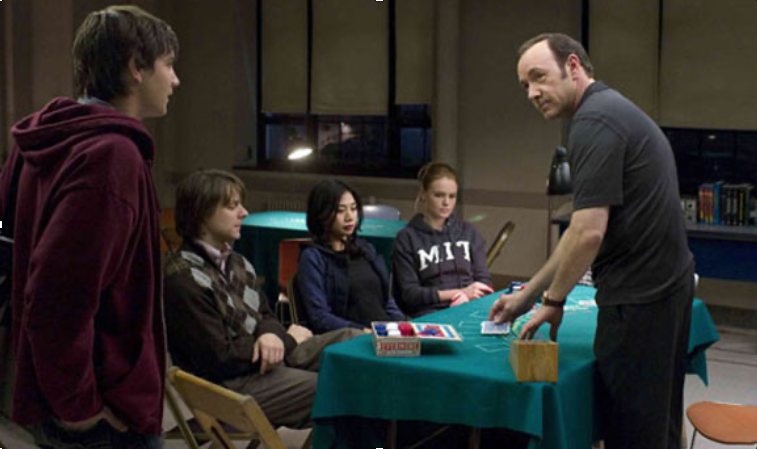 Scene from 21, a 2008 Columbia Pictures film based on the real-life story of the MIT blackjack team.   In actuality, the team's racial makeup was almost entirely Asian American, but in the film adaptation the starring roles were all played by white actors.  (21, Columbia Pictures, 2008).