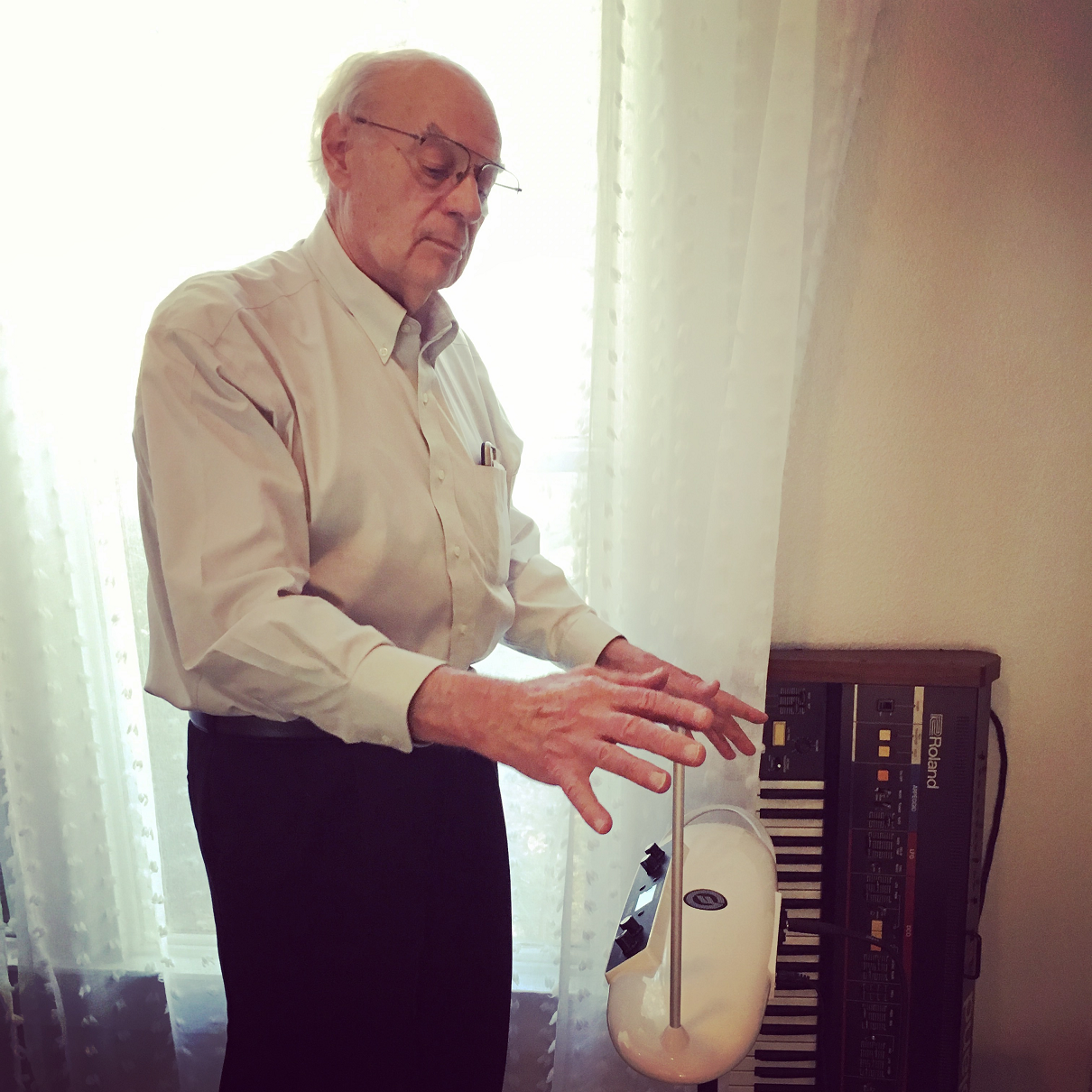 John Lienhard with theremin