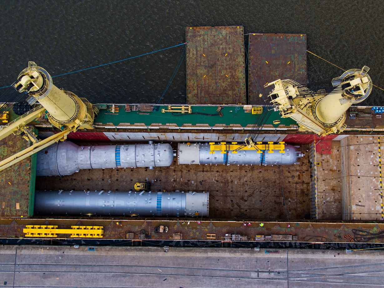 Top View of Refinery Equipment Cargo Stowed in the Hold of Heavy Lift Vessel