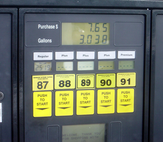 Gas station pump five octane ratings
