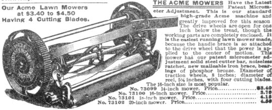 A lawn mower in the 1900 Sears Roebuck catalog