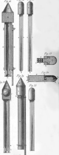 Typical Congreve-type rockets from the early to mid-19th century
