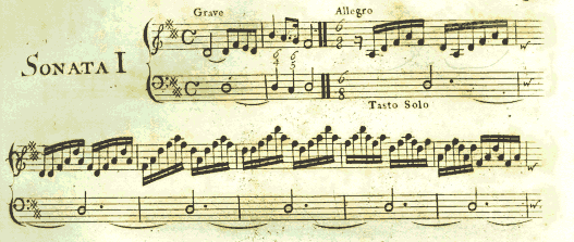 Example of copperplate engraved music: The first two lines of Corelli's Twelve solos for Violin, 1785