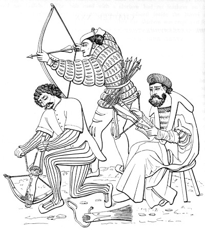 The kneeling and seated figures show how a crossbow is first drawn and then loaded. The standing figure, by contrast, suggests how much more rapidly a conventional bow may be used.
