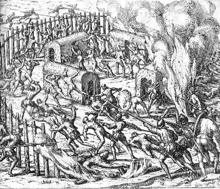 De Bry's image of Spanish soldiers murdering Native Americans (From GREAT VOYAGES, Part IV, 1594)