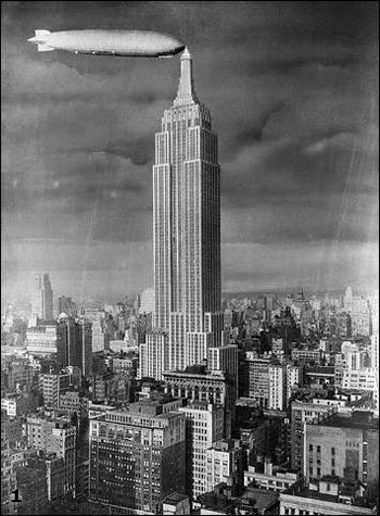 Trick photography image of dirigible mooring on the Empire State Building