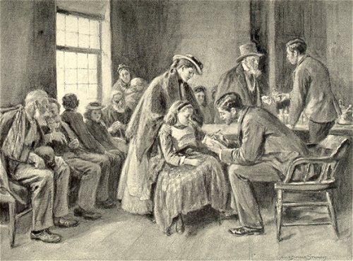 Artist's image of Dr. Arthur Conan Doyle in his student clinic.
