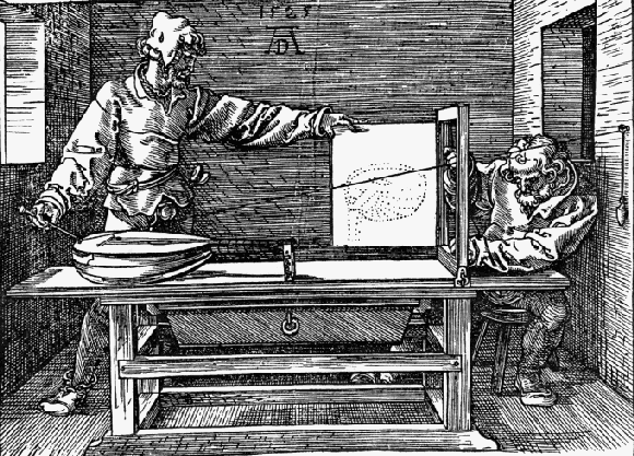 Early mechanical creation of an image by Albrecht Dürer (from Underweysung der Messung, mit dem Zirckel un Richtscheyt [Nuremberg]: 1525)