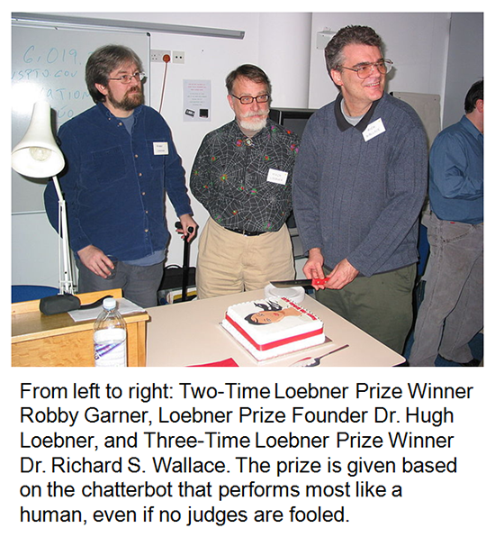 Two-Time Loebner Prize Winner Robby Garner, Loeber Prize Founder Dr. Hugh Loebner, and Three-Time Loebner Prize Winner Dr. Richard S. Wallace prepare to cut the Birthday Cake in celebration of 10 years of ALICE online.