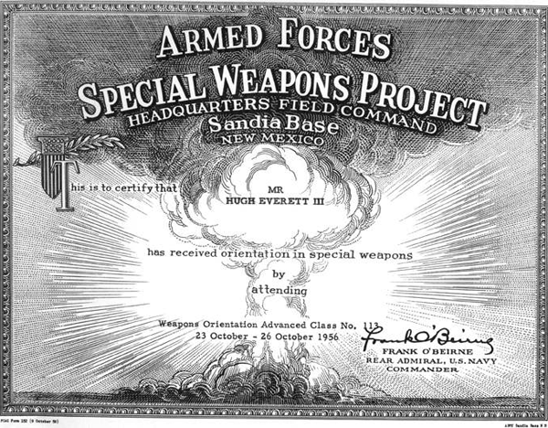 Training certificate issued by Special Weapons Evalution Group at the Pentagon in 1956