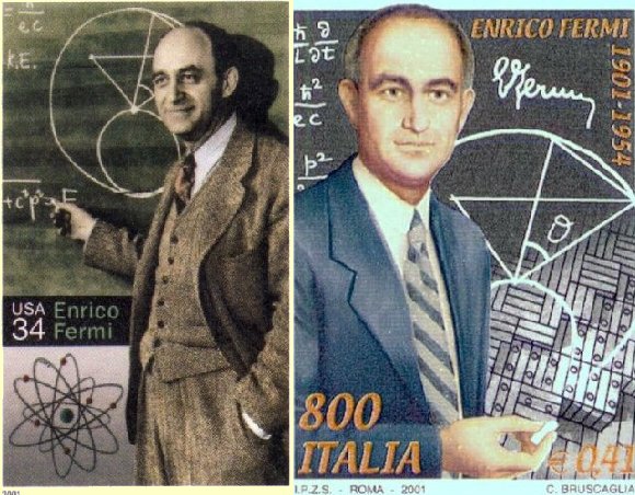 Left: the US Fermi stamp in its 34-cent version. Right: An Italian Fermi stamp. The erroneous expression appears in the upper left in both stamps.