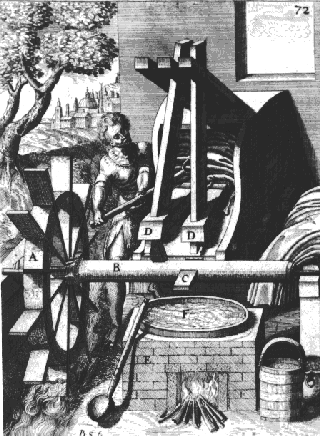 A 17th-century European fulling mill from Böckler’s Theatre of New Machines, probably quite similar to the Cistercian ones