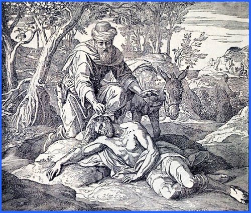 Image of the Good Samaritan and the traveler, from a nineteenth-century German Bible