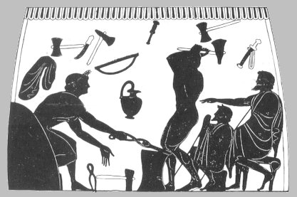 Image from a Greek amphora, 500 BC. Observers watching smiths at work.