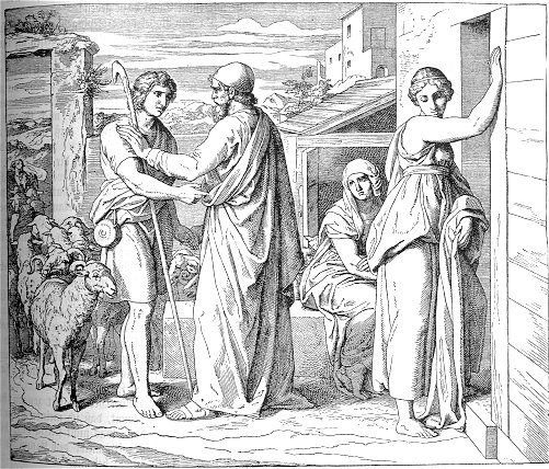 The Reconciliation of Jacob and Esau (from an 1893 German Bible.)