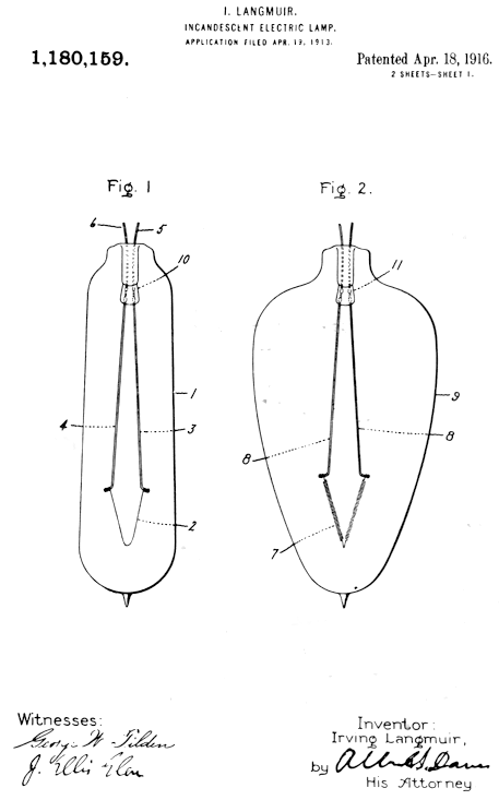 The patent drawing for Langmuir's "gas-filled" lamp