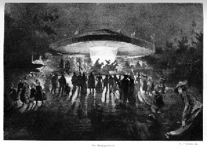 Image of a carousel from 1896. Perhaps it is no coincidence that it looks to us like a flying saucer landing on earth!