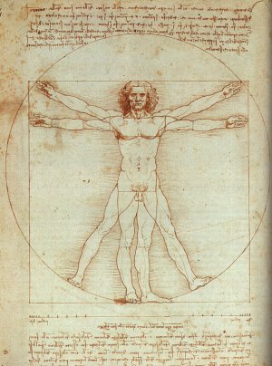 La figura humana dentro de un círculo, Ilustrando proporciones. Leonardo da Vinci, circa 1485.. Leonardo da Vinci, ca. 1485