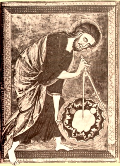 God depicted as the Master Craftsman in a medieval drawing cited by Gimpel
