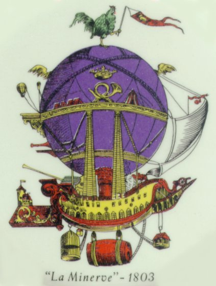 An image of the fictional Minerve balloon from an antique French plate
