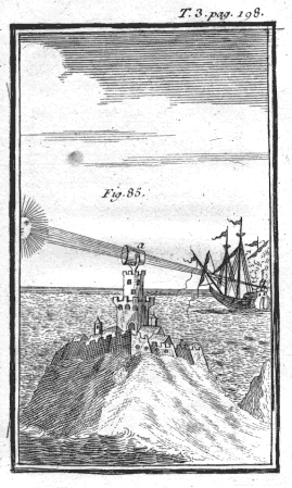 Artist's impression of a large burning mirror from
Les Entretiens Physiques d'Arste et d'Eudoxe, 1745
