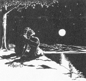 Couple sitting by a lake watching the moon