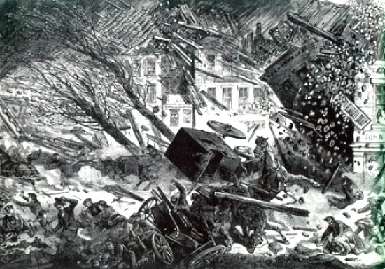 Artist's image of a cyclone moving through New Ulm, MN, July 16, 1881