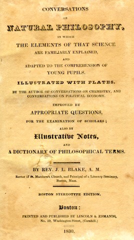 The title page of the 1830 edition of Jane Marcet's Natural Philosophy, attributed to J. L. Blake