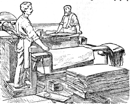 The process of making paper by hand. The worker in the background is picking up the plant-fiber slurry on a flat screen to form sheets of paper. The worker in the foreground is laying the sheets out to dry.